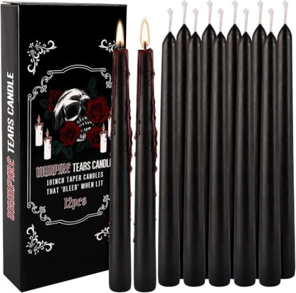 Vampire Tears Black Bleeding Taper Candles 12 Pack, 10 Inch | Unscented, Red Drip Effect When Lit, Halloween & Party Decor, Ritual Use, 24.5 cm Tall - color: 12 Black