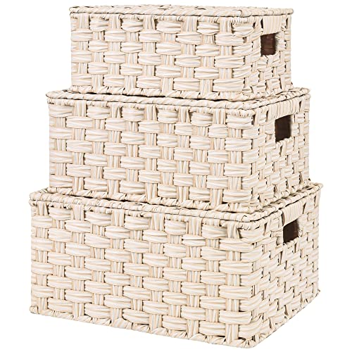 GRANNY SAYS Wicker Baskets with Lids, Woven Storage Basket with Lid | Woven Baskets with Lids, Wicker Baskets for Storage, Decorative Storage Boxes, Woven Stackable Basket with Lid, 3 Pack - color: Butter Milk, size: 3 Pack