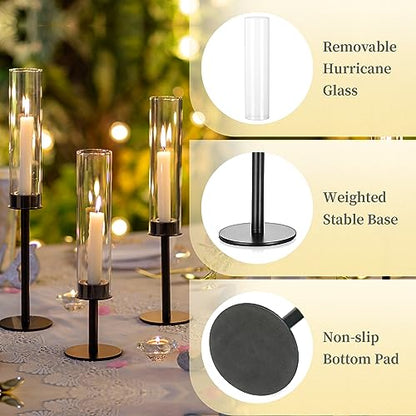 Hewory Black Candlestick Holders Hurricane Candle Holder, 12Pcs Candle Stick Candle Holder Candelabra, Taper Candle Holders with Glass Candle Cover for Wedding Table Centerpiece Christmas Decor | Elegant Tall Taper Candle Holders at 3 different heights, T
