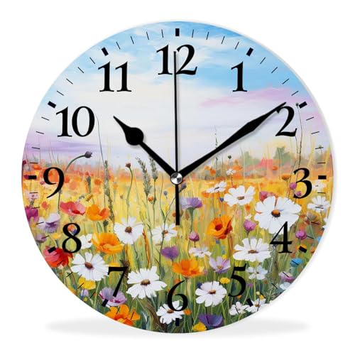 Round Analog Wall Clocks Non-Ticking Silent Clock Battery Operated Clcoks Decorative for Living Room,Office,Bedroom-Spring Wildflowers Daisy Flowers(14inch) - color: Daisy, size: 14inch