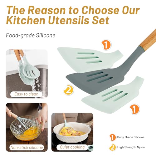 QMVESS Silicone Kitchen Utensils Set, 35 Pcs Non-Stick Cooking Utensils Set, Sturdy Insulation Wooden Handle Kitchen Accessories for Cooking with Spatula Set and Spoons Set Gadgets (Light Green) - color: Light Green