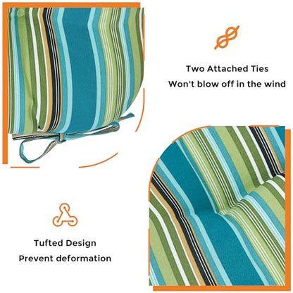 Magpie Fabrics Outdoor Tufted Seat Cushion 19"x19" Set of 2 (Green Striped) | Waterproof Patio Chair Pads with ties Tatami Floor Pillow for Room Garden Balcony Office - color: Green Striped