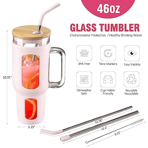 WINSA Glass Tumbler with Lid and Straw, 46 oz, Cotton Pink | Iced Coffee Cup with Handle, Large Water Bottle with Silicone Sleeve, Pearl Straw & Drinking Straw, BPA Free - color: CottonPink, size: 46 Ounces