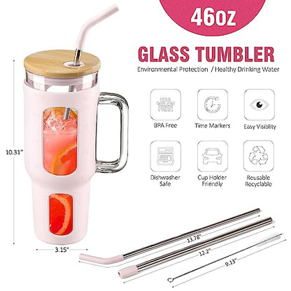 WINSA Glass Tumbler with Lid and Straw, 46 oz, Cotton Pink | Iced Coffee Cup with Handle, Large Water Bottle with Silicone Sleeve, Pearl Straw & Drinking Straw, BPA Free - color: CottonPink, size: 46 Ounces