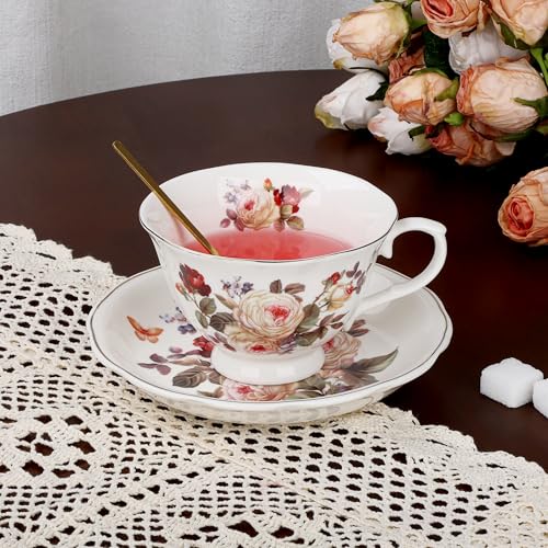 fanquare White Rose Tea Cup and Saucer with Gold Trim, Vintage Bone China Teacup Set with Spoon, 8 oz Coffee Cup for Home Party Gifting | Bone China Tea Cups and Saucers with Gold Trim, Coffee Cup for Home Party Gifting