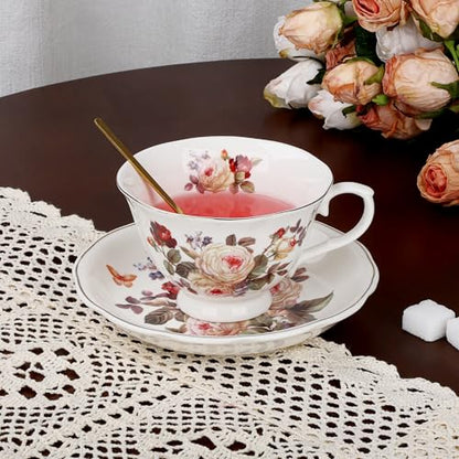 fanquare White Rose Tea Cup and Saucer with Gold Trim, Vintage Bone China Teacup Set with Spoon, 8 oz Coffee Cup for Home Party Gifting | Bone China Tea Cups and Saucers with Gold Trim, Coffee Cup for Home Party Gifting
