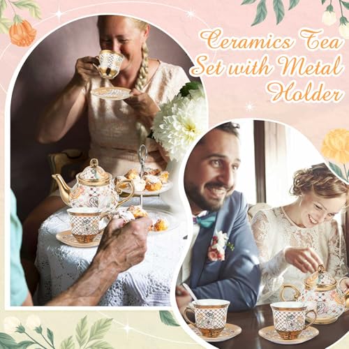 Zhehao 20 Pcs Porcelain Tea Set with Metal Holder and Spoon Adult Ceramic Tea Set European Flower Painting Teapot Cup Saucer Spoon for Women Mom Gift, Large Version (Delicate Style) - color: Delicate Style