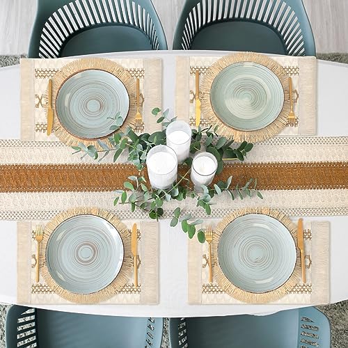 Xuhal 13 Pcs Boho Placemats and Table Runner Set Farmhouse Round/Rectangular Woven Placemats Cotton Macrame Table Runner 11.8 x 78.7 Inch Rustic Decor for Dining Kitchen Spring Tea Party - style: Stylish Style