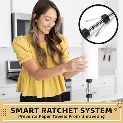 Heavy-Duty Stainless Steel Paper Towel Holder - Easy One-Handed Tear with Suction Cups - Modern Weighted Standing Countertop Dispenser for Kitchen - Holds All Paper Towel Rolls, White - color: White