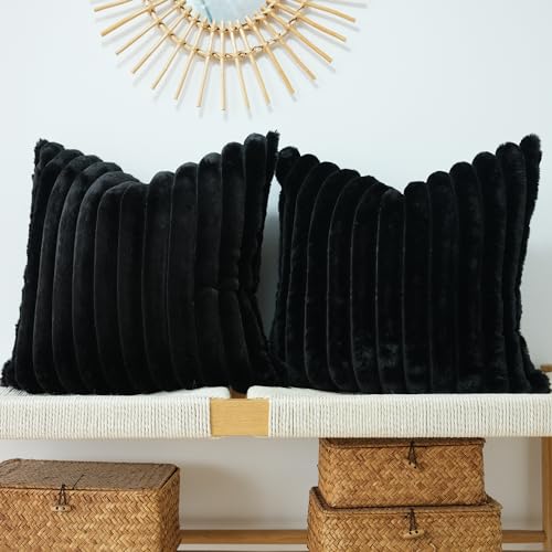 JOJUSIS Faux Fur Plush Throw Pillow Covers, Black, 16 x 16-Inch | Pack of 2, Couch Cushion Case, Soft Pillowcases, Decorative - color: Black, size: 16" x 16" (Pack of 2)