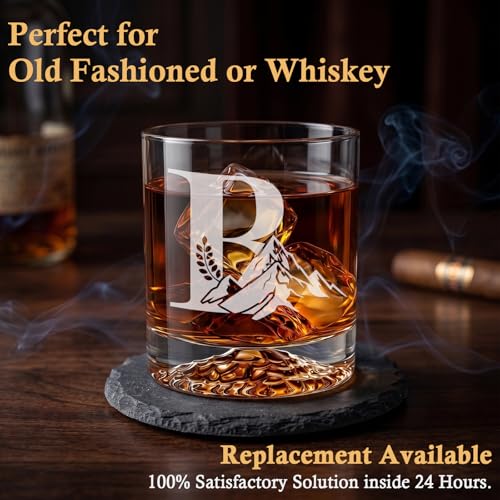 Personalized Whiskey Glass Gift Set for Men – Monogrammed Initial Rocks Glass with Slate Coaster, Wooden Box & Whiskey Stones, Birthday Father's Day for Him Dad Husband (B) - style: B