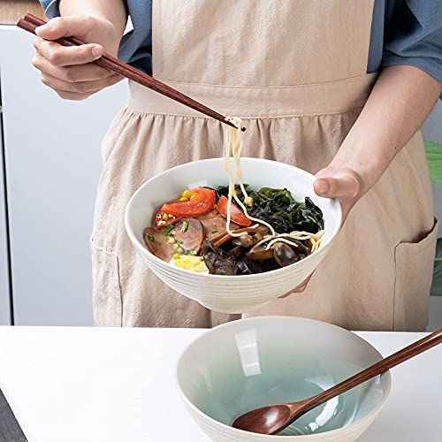 Ceramic Japanese Ramen Bowl Set, 2 Sets Asian Pho Udon Soup Noodle Bowls with Spoons and Chopsticks (Green, 8 inches) - color: Green