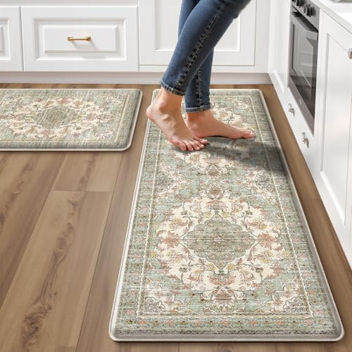 Boho Kitchen Mats for Floor 2 Piece Set Anti Fatigue Cushioned PVC Kitchen Rugs Non Slip Waterproof Farmhouse Mats 2/5 Inch Comfort Standing Mat for Laundry, 17.3"x47"+17.3"x28", Green Orange Beige - color: Green Orange Beige, size: 17.3"x28"+17.3"x47"