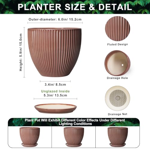 Ceramic Pots for Plants 6 Inch, Ceramic Plant Pots Indoor with Drainage Hole and Saucer, Modern Flower Pot, Round Decorative Planter, Living Room Home Decor, House Warming Gifts, Rust Red - size: 6 Inch, style: Rust Red