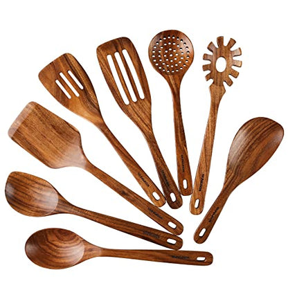 Wooden Spoons for Cooking,8PCS Natural Acacia Wood Utensil Set | Easy to Clean, Durable, Smooth with Comfort Grip,Nonstick Safe & Heat Resistant with Ergonomic Handles,For gift - size: 8 pieces (Acacia)