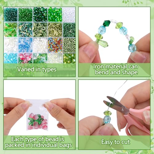 codree 5421 Pcs Beaded Plant Kit with Artificial Moss, Green Beads for Beaded Plants Making, Forever Plant Leaf Flower Green Glass Beads for Jewelry Making DIY Crafts Succulent Plants Lover - color: A Style