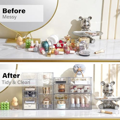 Prsildan 17 Drawers Teacher Toolbox Office Supply Organizer, Set of 4 | Clear Acrylic, Pull Out, Craft Desk Art Supply Accessories Vanity Countertop Bathroom Kitchen Cabinet Makeup Storage - size: 17 Drawers