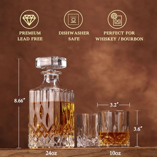 Crystal Whiskey Decanter Set In Gift Box - Includes 4 Crystal Whiskey Glasses and 4 Big Ice Ball Molds - Unique Whiskey Gift for Men