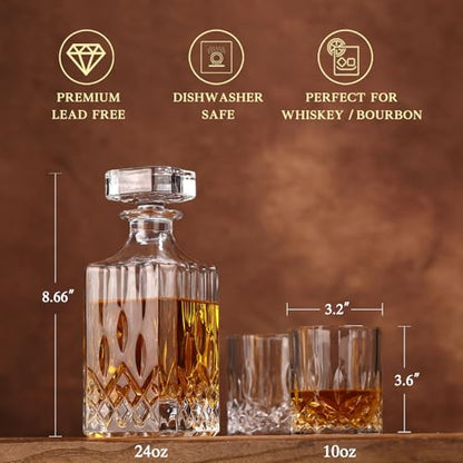 Crystal Whiskey Decanter Set In Gift Box - Includes 4 Crystal Whiskey Glasses and 4 Big Ice Ball Molds - Unique Whiskey Gift for Men