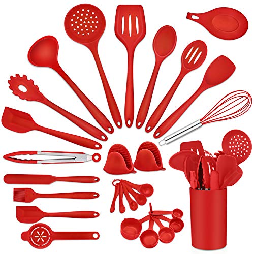 P&P CHEF Kitchen Utensils Silicone Cooking Utensil Set, 28Pcs Baking Utensils Spatulas with Holder, Heat-resistant & Non Toxic, Non-stick & Dishwasher Safe, Red - color: Red