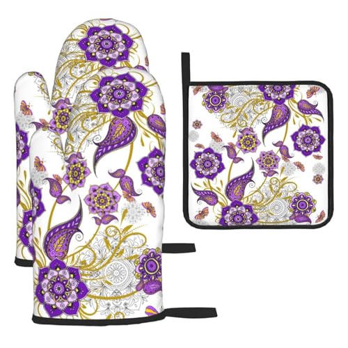 Purple Flower Oven Mitts and Pot Holders Sets of 3 Kitchen Decor | Heat Resistant Hot Pads Boho Floral Oven Gloves for Cooking Grilling Baking - color: Purple Flower