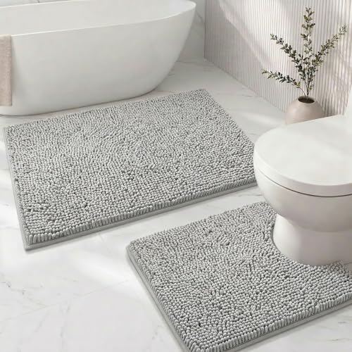 Bathroom Rugs Sets 2 Piece,Super Absorbent Soft,Thick,Machine Washable Chenille Bath Mat,Non Slip Toilet Floor Rug,Bath Mats for Bathroom,20x32 Plus 20x20 U Shape,Light Grey - color: Light Grey, size: 1'8" x 2'8" (20x32''+20x20''U shape)