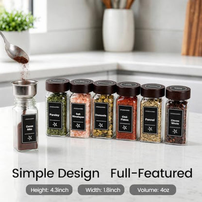 Glass Spice Jars with Grinder Lid 24 Pack 4 oz Acacia Wood | 780 Labels (Round+Square), Shaker Inserts, Funnel, Airtight Seal, Bonus Grinder Lid for Fresh Grinding - color: Brown