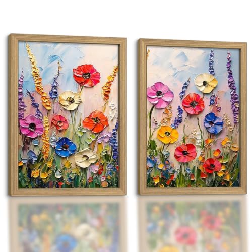 Framed 3D Textured Floral Canvas Wall Art Poster Prints 12×16 In 2P Be Hung | 3D Textured Botanical Painting Prints Picture Poster Set For Living Room Bedroom office Bookshelf Foyer Ready To Hang. - color: flowers 2-2, size: 12x16in