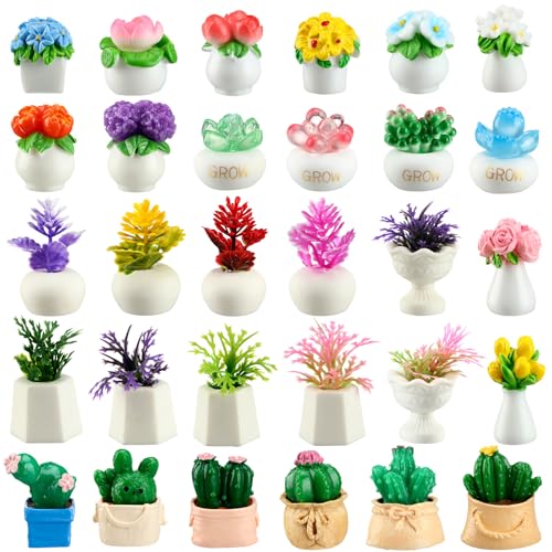 30 Pcs Miniature Plants Accessories Mini Artificial Potted Flower Tiny Resin Greenery Cactus Figurine for Desktop Gift DIY Garden Bonsai Micro Landscape Decoration(Succulents) - style: Succulents