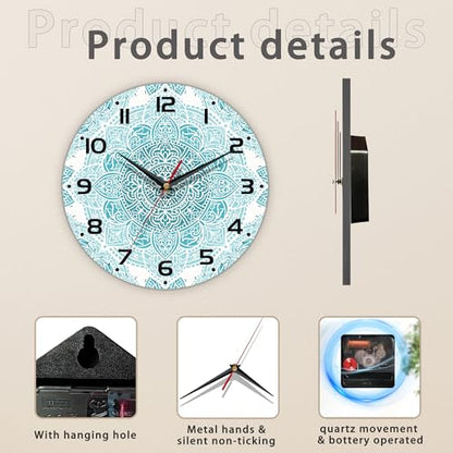 Teal Mandala Flower Wall Clock, Silent Non-Ticking, Battery Operated, Wooden Decorative Round Clock with Arabic Numerals, 10 Inch - color: Teal Mandala Flower