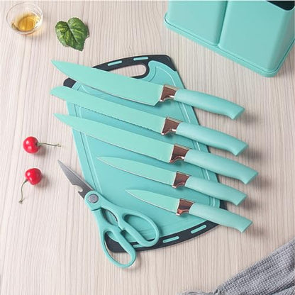 19 Pieces Kitchen Utensils and Knife Set with Block, Inldued 9 Pieces Silicone Cooking Utensils Set 5 Pieces Sharp Stainless Steel Chef Knives Scissors Whisk Tongs and Cutting Board (TEAL) - color: Teal
