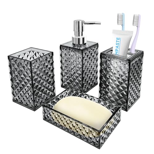 4 PCS Bathroom Accessory Set, Grey Bathroom Accessories Set | Soap Dispenser and Toothbrush Holder Set, Soap Dish and Mouthwash Cup, Boho Bathroom Decor, Plastic Bathroom Sets Accessories - color: Grey, size: 4 pcs