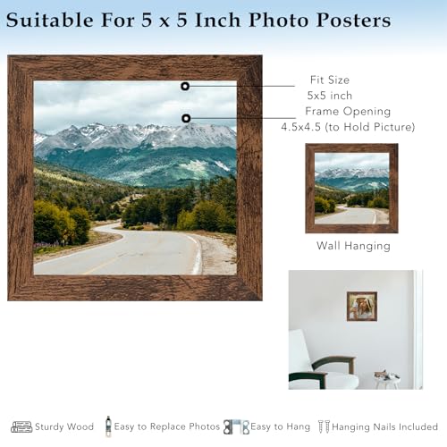 5x5 Picture Frame Deep Brown for Wall Hanging or Tabletop, Wood 5 x 5 Frame Photo Frame for Wall Horizontally or Vertically, Deep Brown, 3 Pack - size: 5x5 inch