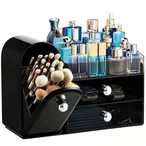 HBlife Makeup Organizer Countertop with Drawers, Cologne Organizer for Men, Vanity Organizers with Brush Holder, Bathroom Countertop Organizer Skin Care Storage, Gift for Dad Husband, Black Silver - color: Black Silver