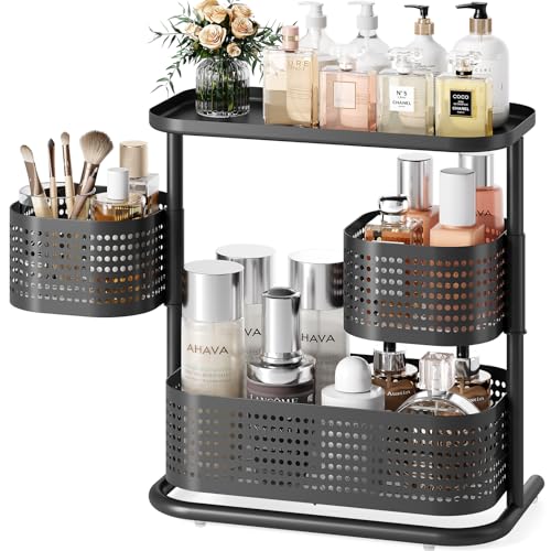 KINGRACK Metal Bathroom Counter Organizer，Rotating Countertop Storage Shelf | 3 Tier, Cosmetic Holder for Skincare & Makeup, Kitchen Spice Rack, Bedroom Nightstand Organizer, Black - color: BLACK