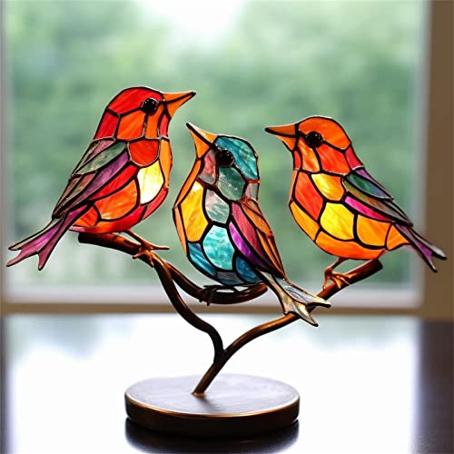 2023 New Stained Metal Birds On Branch Desktop Ornaments, Metal Flat Double Sided Colorful Birds Tabletop Decorations, Multicolor Hummingbird Craft Statue Bird Figurines Sculpture for Home Decor. - color: D-trust