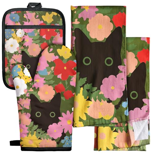 Miss Adola 270 GSM Cotton Kitchen Towels, Oven Mitt and Pot Holder - 4 Pack Kitchen Decor and Accessories Set Spring Cute Farmhouse Boho Quilted Lining Heat Resistant Set with Hanging Loop, Cat Flower - color: Cat Flower