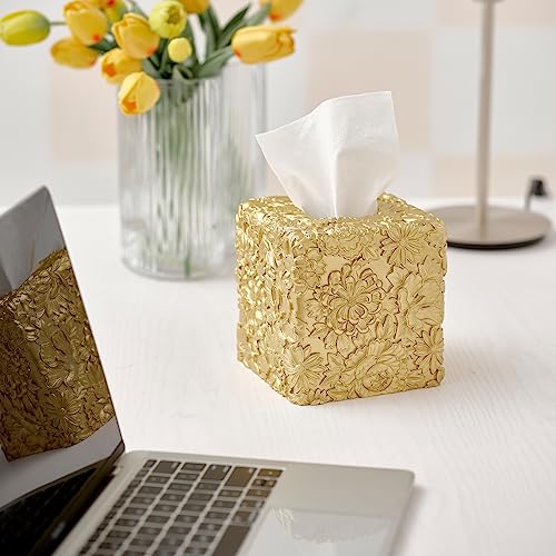 Polytree Square Tissue Box Cover,Tissue Box Holder for Bathroom Home Decor,Hand Carved 3D Florwers Tissue Case,Farmhouse Paper Organizer,Sunflowers Gold