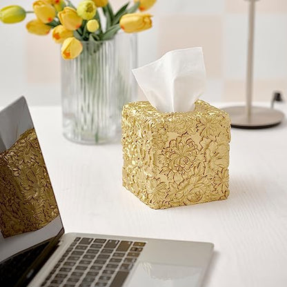 Polytree Square Tissue Box Cover,Tissue Box Holder for Bathroom Home Decor,Hand Carved 3D Florwers Tissue Case,Farmhouse Paper Organizer,Sunflowers Gold