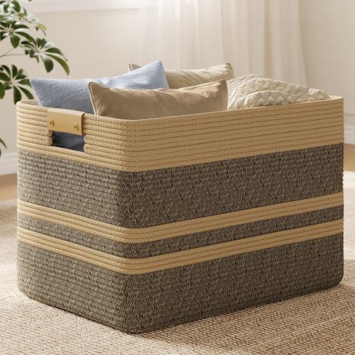 Nunsino 96L Woven Blanket Basket with Leather Handles, Cotton Rope Laundry Basket Hamper,Decorative Nursery Basket Toy Storage Basket for Kids,Living Room, Bedroom, Bathroom,Dark Brown - color: Dark Brown, size: 96L