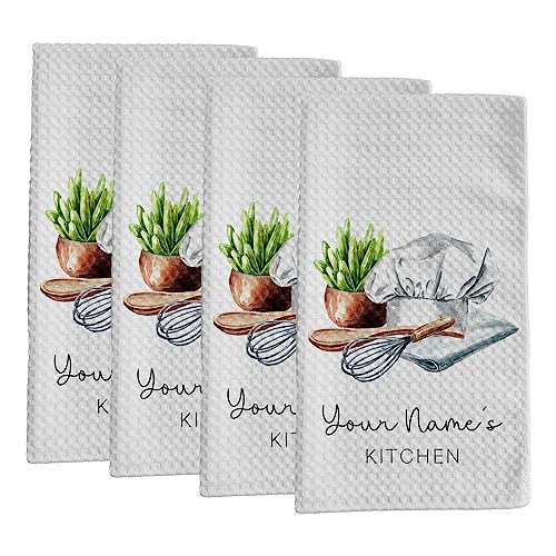 Personalized Kitchen Towel | Custom Tea Towel | Watercolor Utensil Dish Towel | Kitchen Decor | Hand Towel Gift Set | Waffle Weave Dishcloth (Pack of 4 Towels, Design 4) - size: Pack of 4 Towels, style: Design 4