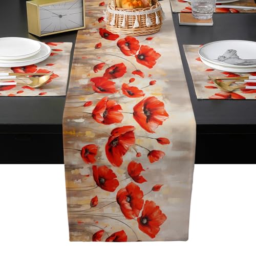 Table Runner and Placemats Set of 4 Red Flower Floral Decorative Dining Table Runner with Matching Placemats Branch Leaves Plant Nature Table Decor for Kitchen Dining Room and Everyday Use 13x90in - size: 13"x90"+4pcs