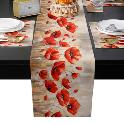 Table Runner and Placemats Set of 4 Red Flower Floral Decorative Dining Table Runner with Matching Placemats Branch Leaves Plant Nature Table Decor for Kitchen Dining Room and Everyday Use 13x90in - size: 13"x90"+4pcs