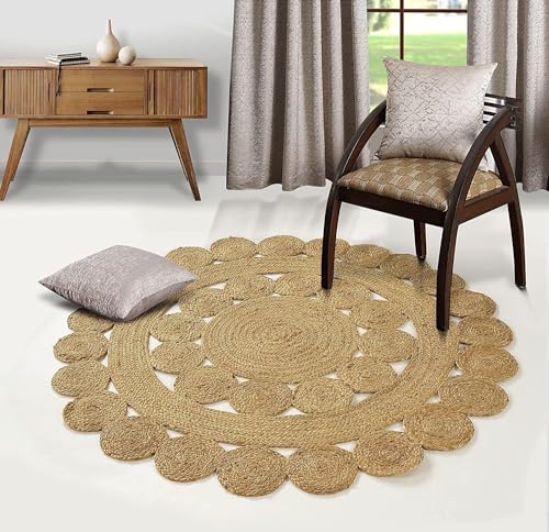 GRUHUM Jute Area Rug 6ft Round Natural Hand Woven Boho Charm Farmhouse Rug | 100% Natural Jute Braided Rustic Vintage Beige Reversible Low Pile EcoFriendly Indoor Bedroom Living Room Hallway Home Decor - color: Natural- 29, size: 6' (Round)