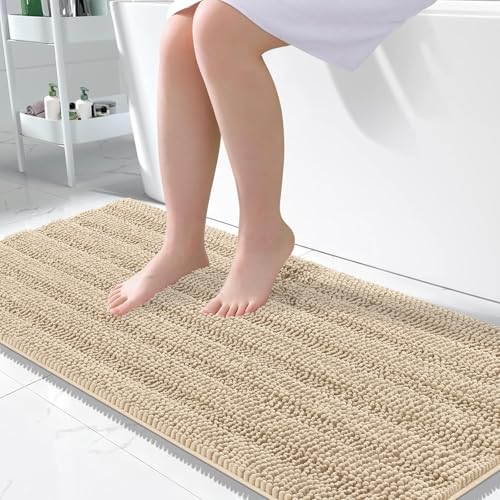 OLANLY Thick Large Bathroom Rugs 50x30, Soft Chenille Bath Rugs, Beige | Absorbent Striped, Rubber Backing, Machine Wash Dry, Bath Mats for Bathroom Floor, Tub and Shower, Home Decor Accessories - color: Beige, size: 50" X 30"