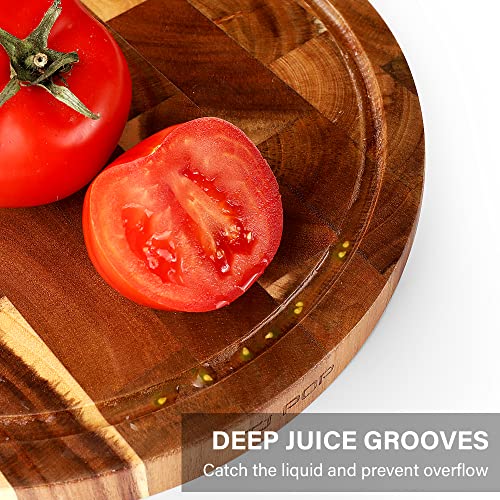 End Grain Butcher Block Round 12 IN, Premium Acacia Wood Cutting Board with Juice Groove, TJ POP Medium Chopping Board for Kitchen, 1 IN Thick - color: End grain-round