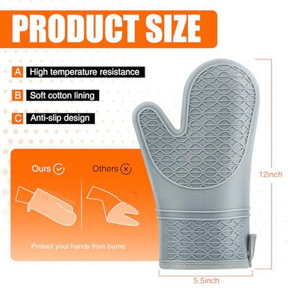 Silicone Oven Mitts, Heat Resistant 2PCS Oven Mitts with Soft Cotton Lining, Waterproof Non-Slip Grip Oven Glove, Kitchen Potholder Mits for BBQ, Baking, Cooking, 12.5 Inch - Grey - color: Gray