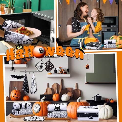 12 Pcs Halloween Kitchen Towels and Oven Mitt Sets 4 Skeleton Oven Mitts 4 Ghost Dish Towels and 4 Witch's Pot Holders Cooking Accessories for Holiday Kitchen Decoration - style: Skeleton