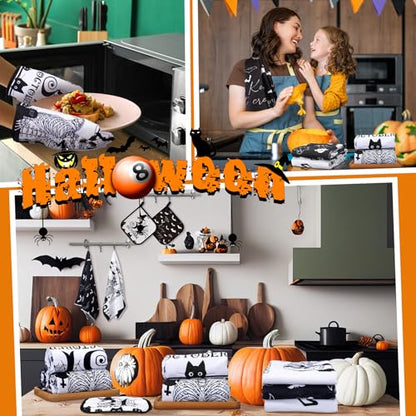 12 Pcs Halloween Kitchen Towels and Oven Mitt Sets 4 Skeleton Oven Mitts 4 Ghost Dish Towels and 4 Witch's Pot Holders Cooking Accessories for Holiday Kitchen Decoration - style: Skeleton