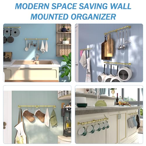 ROTHLEY Stainless Steel Hanging Pot Rack Hanger: 23.7 Inch Brass Pot and Pan Hanger Wall Mounted Hanging Pot Bar Rack Heavy Duty Pot Hangers Kitchen Rail with 8 S Hooks - color: Brass, size: 23.7 inch
